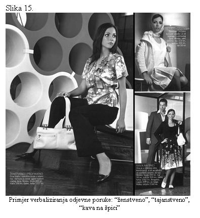 Text Box: Slika 15.
   
Primjer verbaliziranja odjevne poruke: enstveno, tajanstveno, kava na pici
